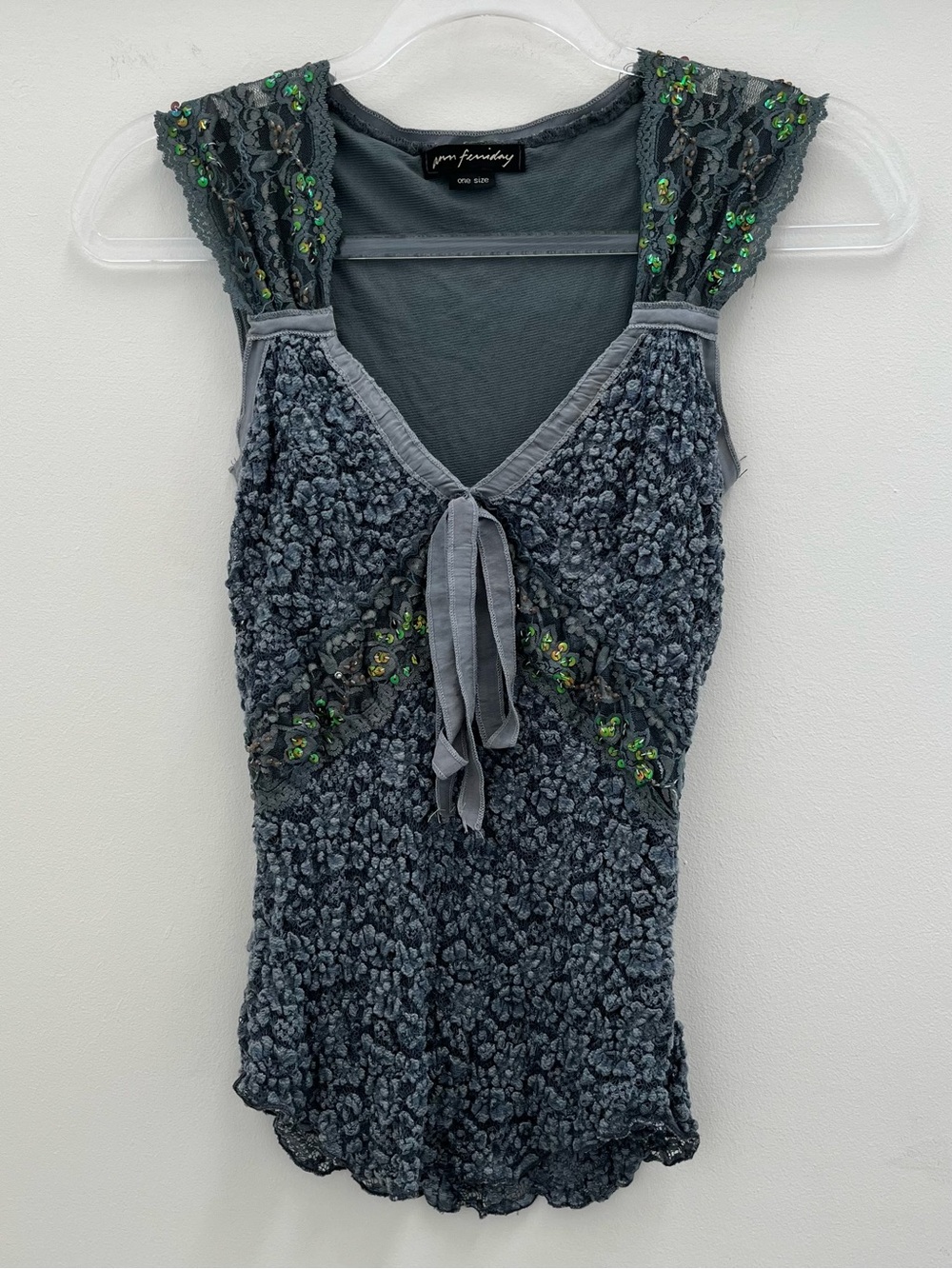 Ann Ferriday Lace and Ribbon Sleeveless Top In Grey One Size